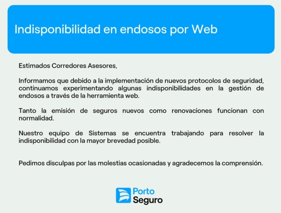 Comunicación Porto Seguros Indisponibilidad en endosos por Web